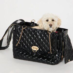 Quilted Pet Dog Cat Carrier Bag Soft Sided Travel Tote Case Purse Black Chain